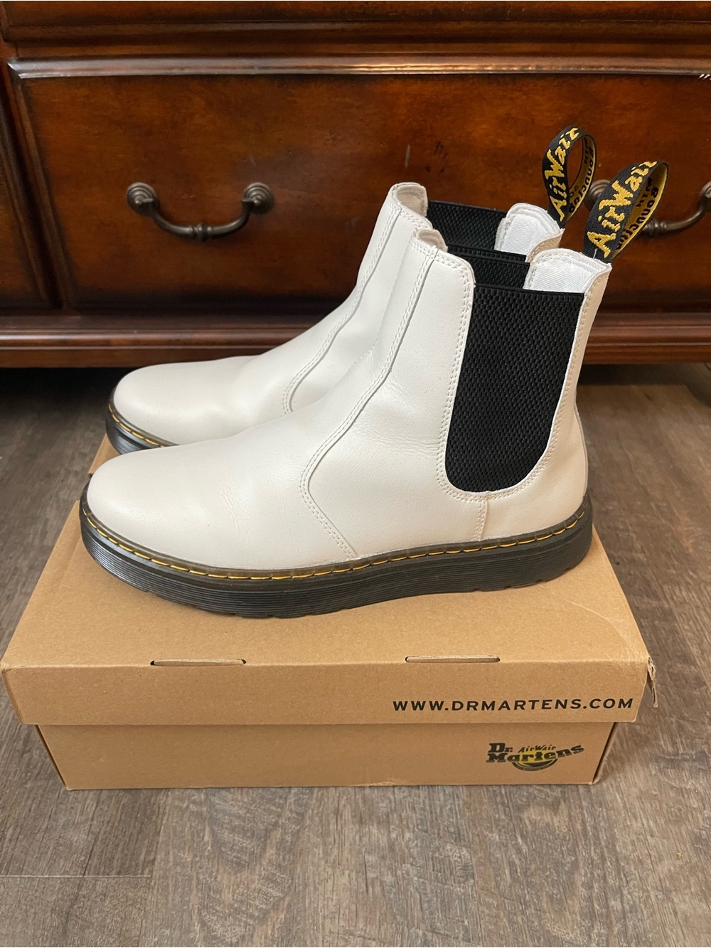 Dr. Martens White Leather Chelsea Boots with Black Elastic Panels